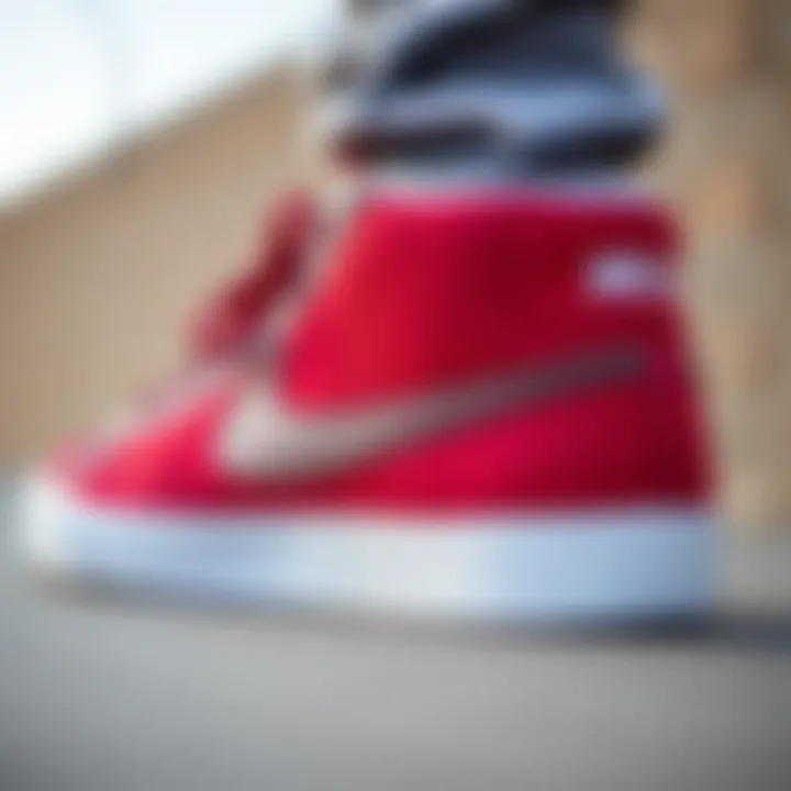 A close-up of the Nike SB Blazer Mid highlighting its unique features