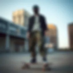 A skateboarder showcasing oversized camo pants in an urban setting