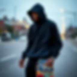 A sleek black hoodie draped over a skateboard, symbolizing skate culture.