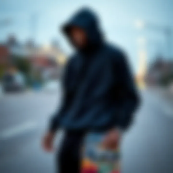 A sleek black hoodie draped over a skateboard, symbolizing skate culture.