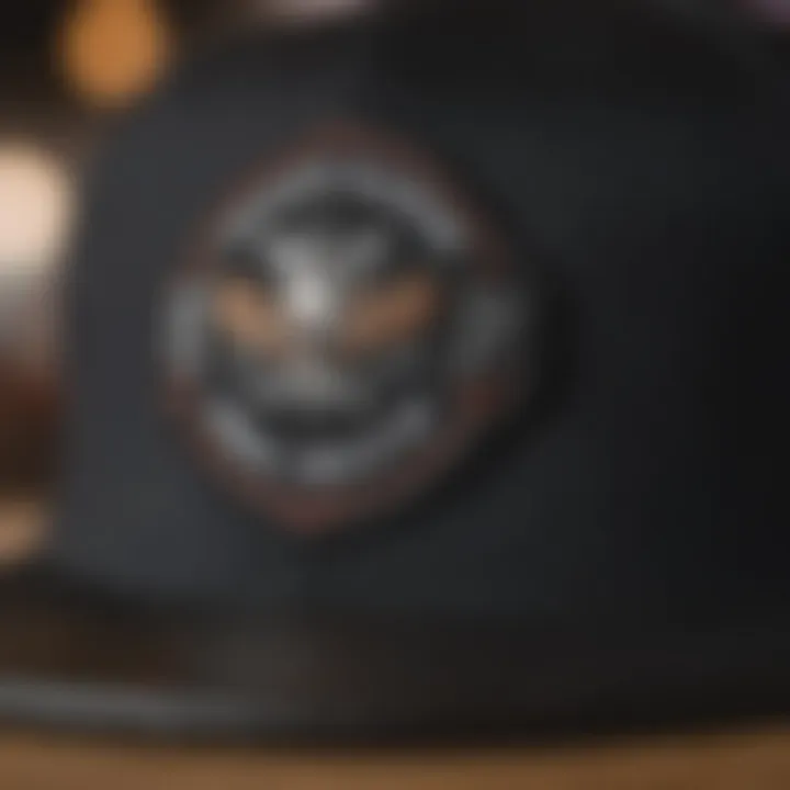 Close-up of a snapback hat featuring unique embroidery and branding.