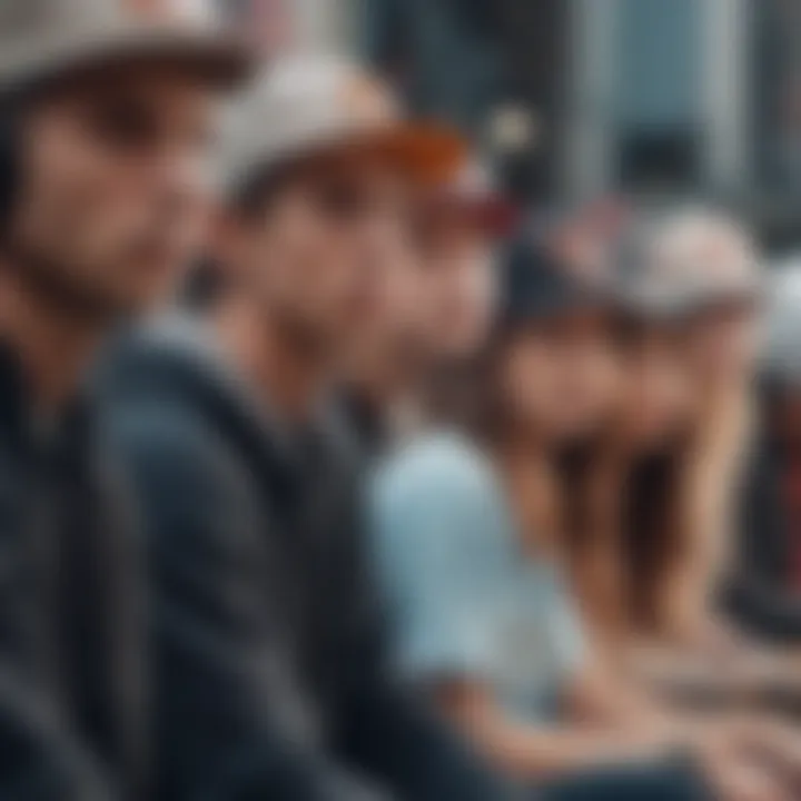 A fashionable group of individuals sporting different styles of snapback hats.