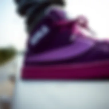 Detailed view of purple skate shoe design elements