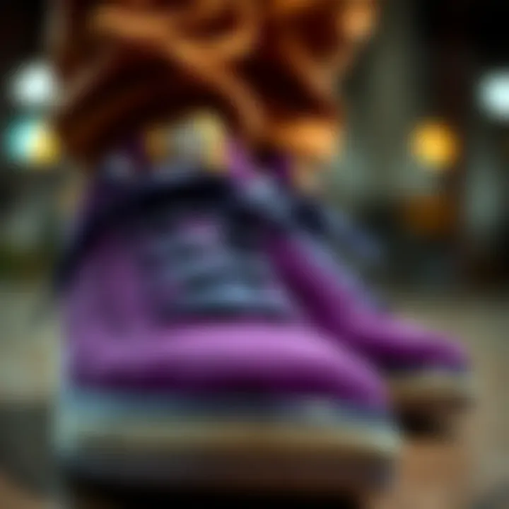 Close-up of purple skate shoes highlighting material choices