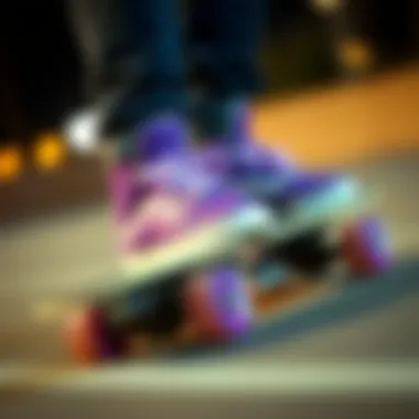 Vibrant purple skate shoes showcased on a skateboard