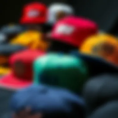 Diverse Snapback Hat Designs A vibrant collection of snapback hats showcasing unique designs and colors