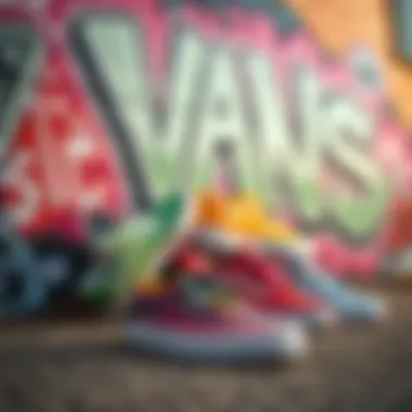 A collection of Rainbow Checkerboard Vans displayed against a graffiti backdrop.