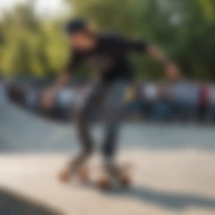 A skateboarder performing tricks on the Raptor skateboard at a local skate park