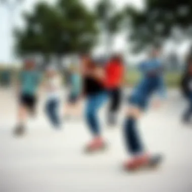 Diverse group of skateboarders in action, highlighting red leather Vans in a skatepark