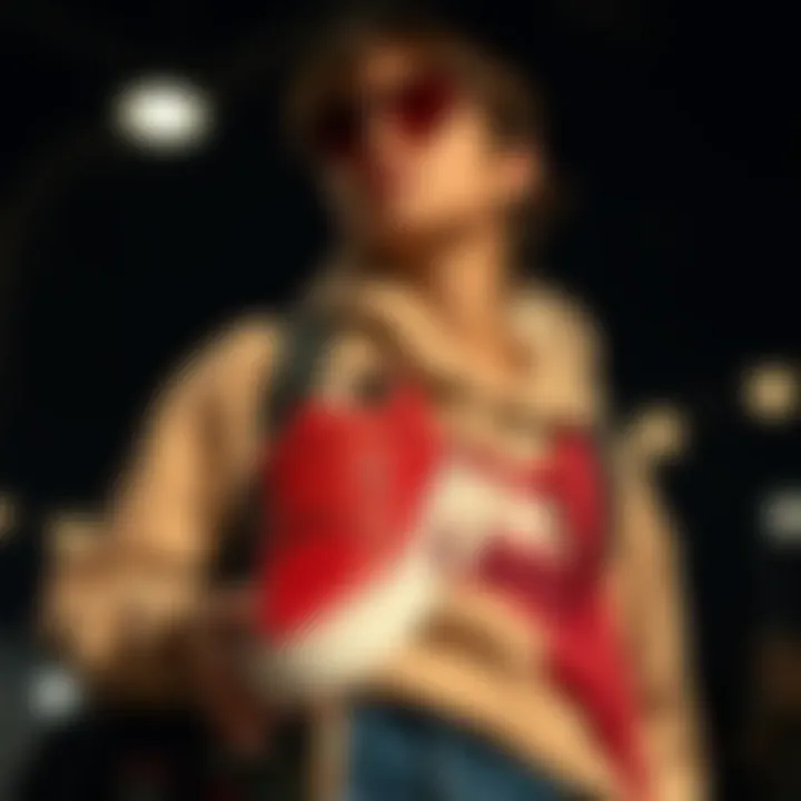 Stylish individual wearing red leather Vans paired with trendy skate outfit