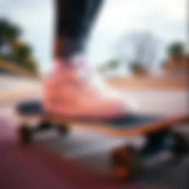 Dynamic shot of Reebok Club C 85 trainers in action on a skateboard, highlighting their performance features