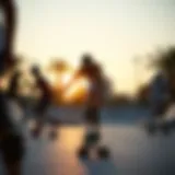 A vibrant skatepark showcasing roller skaters in action