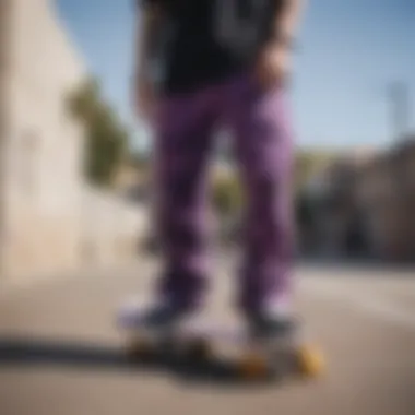 Rothco Purple Camo Pants showcased on a skateboard in an urban setting