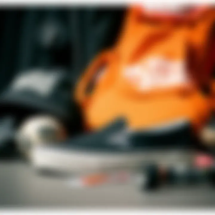 Rubber Vans slip-ons displayed alongside skateboard gear and accessories