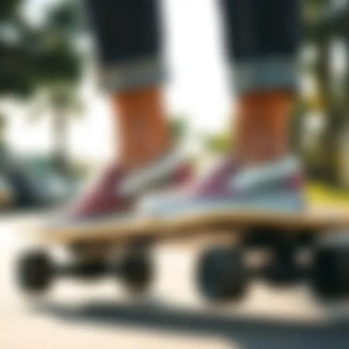 Vans slip-ons worn on a skateboard, highlighting their practical use in action