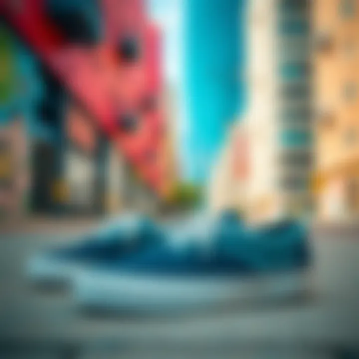 A stylish arrangement of rubber Vans slip-ons against a vibrant urban backdrop