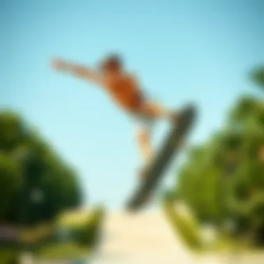 Skateboarder wearing Russell shorts performing a trick