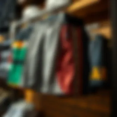 Different styling options for Russell clothing shorts displayed on a rack