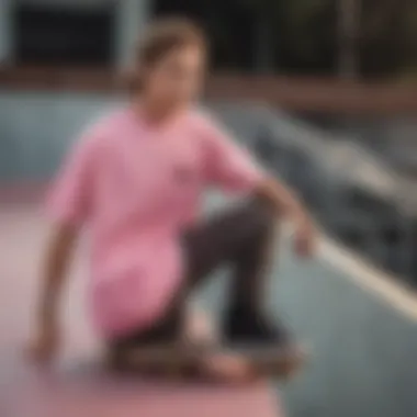 Skateboarder wearing RVCA pink shirt on a ramp