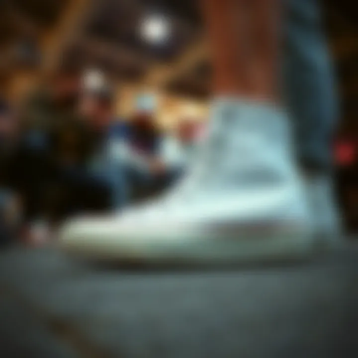 Group of skaters discussing the cultural significance of White Chuck Taylor All Star Move Hi Sneakers