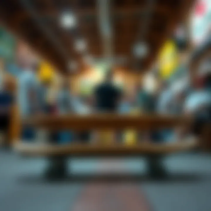 Community gathering around wooden Tech Decks in a vibrant skate culture