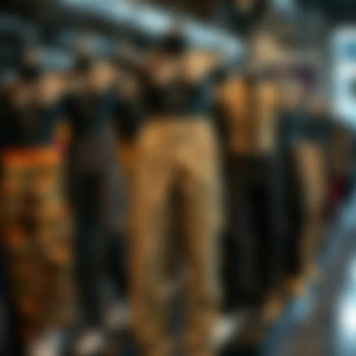An array of pants styles displayed on a mannequin, highlighting various fits for skate culture.