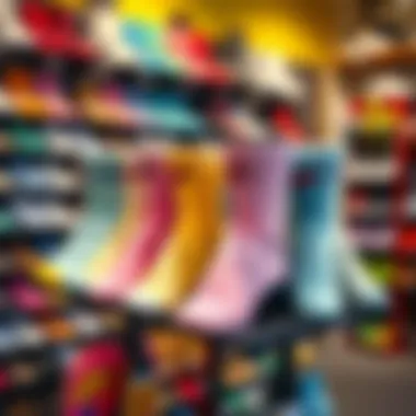 Display of various pastel colored Nike socks in a skate shop