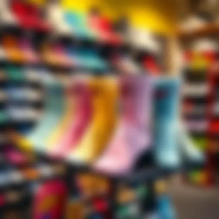 Display of various pastel colored Nike socks in a skate shop