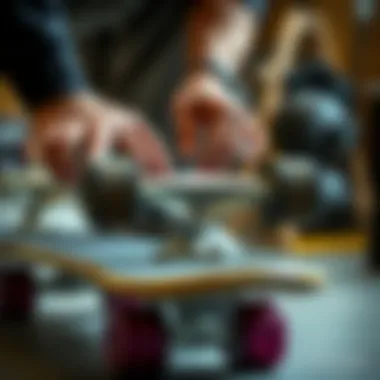 Close-up of a person assembling skateboard wheels onto a deck