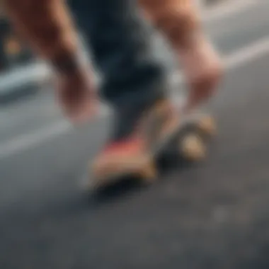 Close-up of skateboard deck and urban wear shirt