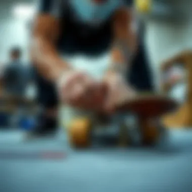 Skateboard maintenance focused on grip tape care Skateboarder maintaining grip tape