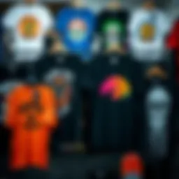 A vibrant collection of skateboard t-shirts on display, showcasing various designs and styles