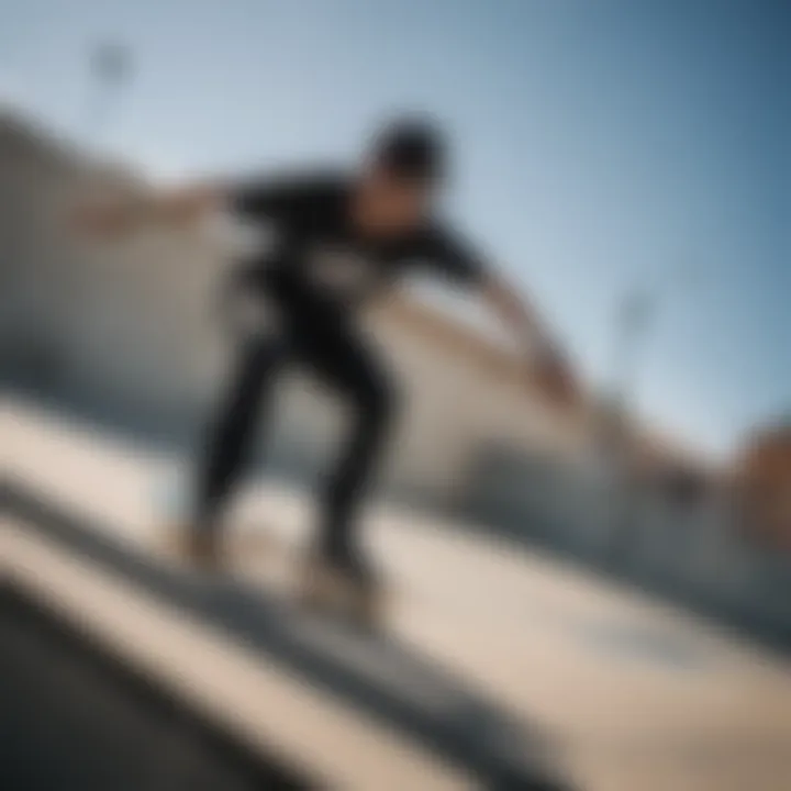 Skateboarder wearing black Ray-Bans with blue lenses in action on a ramp