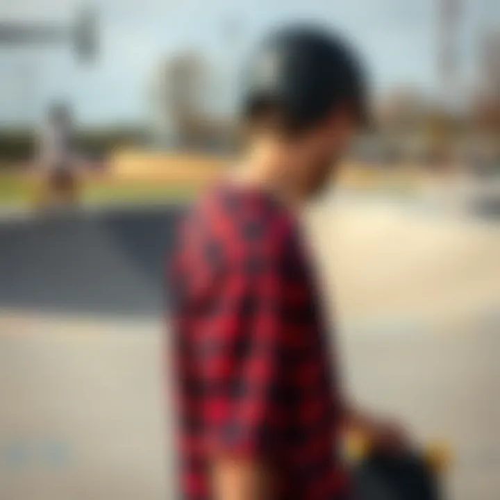 Skateboarder wearing a buffalo plaid t-shirt at a skate park