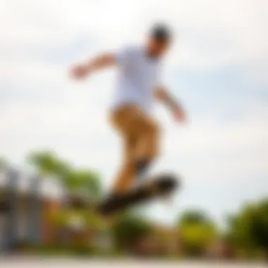 A skateboarder showcasing a stylish fit of cargo pants while performing tricks.