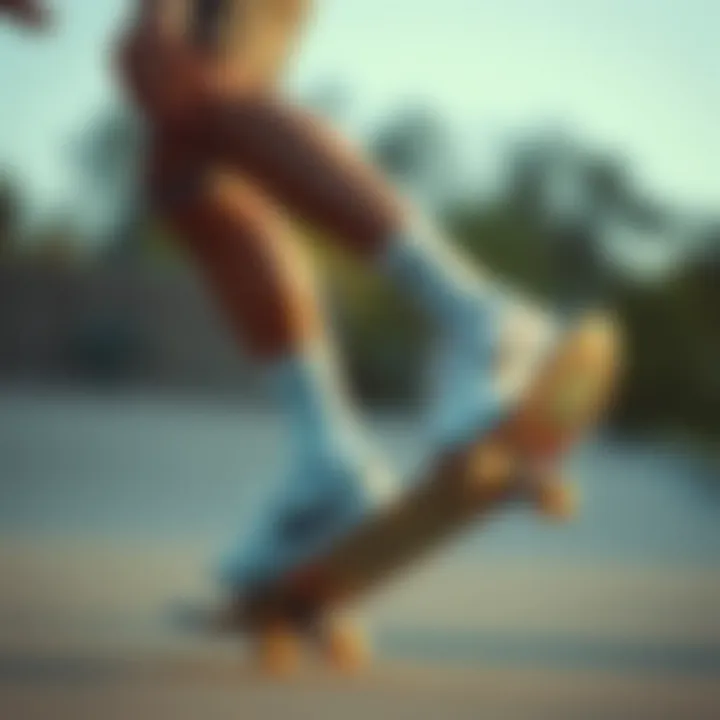 Skateboarder wearing pastel Nike socks while performing a trick