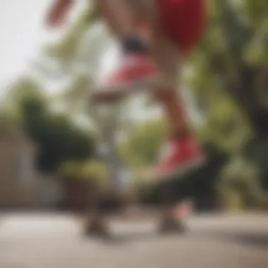 Skateboarder performing tricks while wearing red platform Converse low tops.