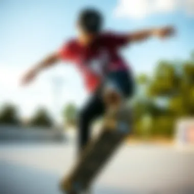 Close-up of a skateboarder wearing a Spidey t-shirt while performing a trick