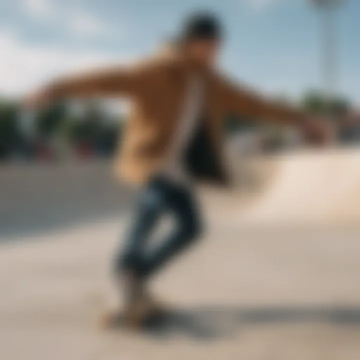 A skateboarder wearing a tan Members Only jacket while performing tricks at a skatepark.