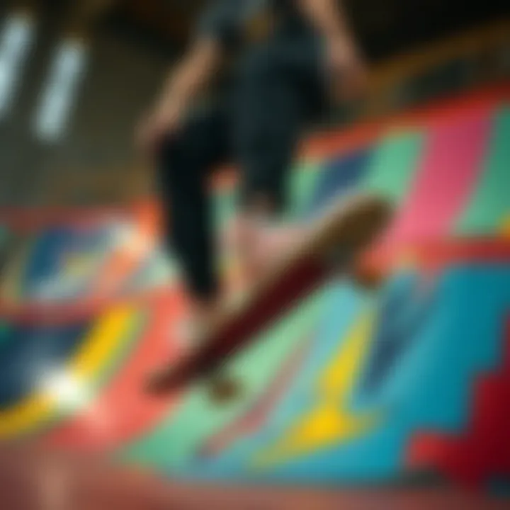Skateboarder performing a trick while wearing Rainbow Checkerboard Vans on a colorful ramp.