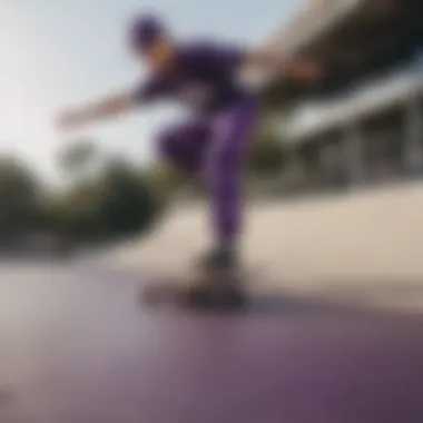 Skateboarder performing a trick while wearing Rothco Purple Camo Pants