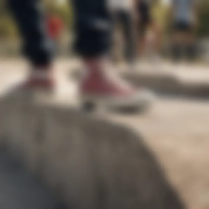 A group of skateboarders wearing Chuck Taylor high platform sneakers at a skate park, highlighting their cultural relevance.