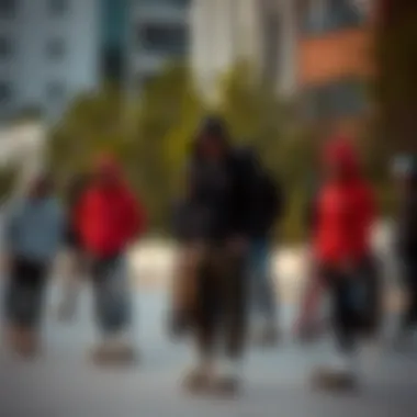 Skateboarders in the Urban Community A group of skateboarders gathered in an urban setting, all wearing zip-up hood sweatshirts, reflecting community and lifestyle.