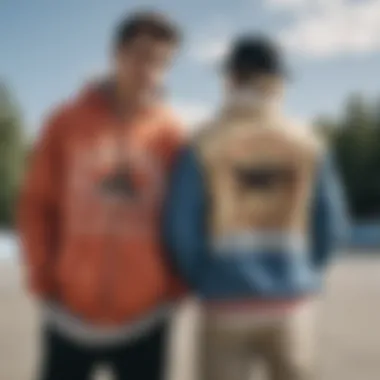 Group of skateboarders showcasing their custom jackets at a skate park