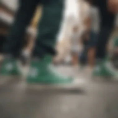 A group of skateboarders showcasing their green Converse footwear