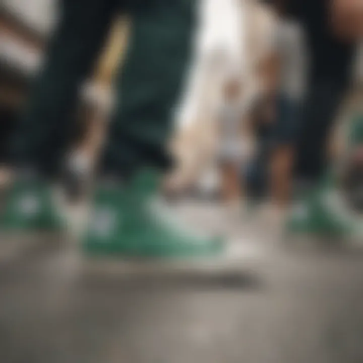 A group of skateboarders showcasing their green Converse footwear