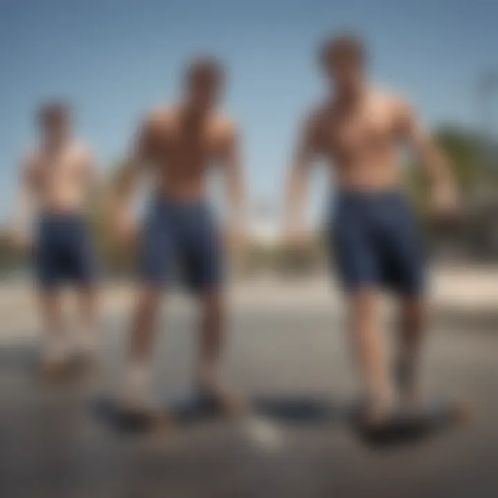 Group of skateboarders wearing navy board shorts in action