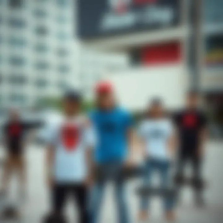 Group of skateboarders showcasing their Spidey t-shirts in an urban setting