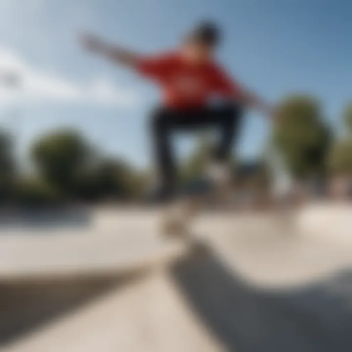 A larger skateboarder executing a trick in a skate park