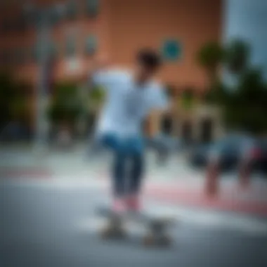 A skateboarder wearing a Converse shirt during an urban skate session